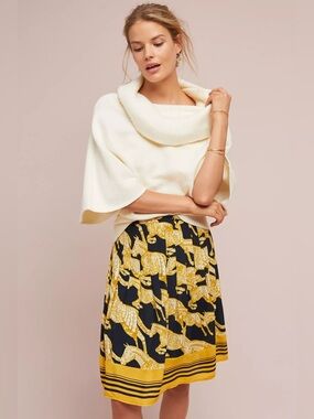 Anthropologie Jade A-Line Skirt Horse Pleated Gold & Black NWT 12